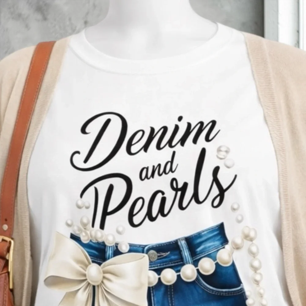 New “Denim and Pearls@ Graphic Tee - White - Picture 5 of 13